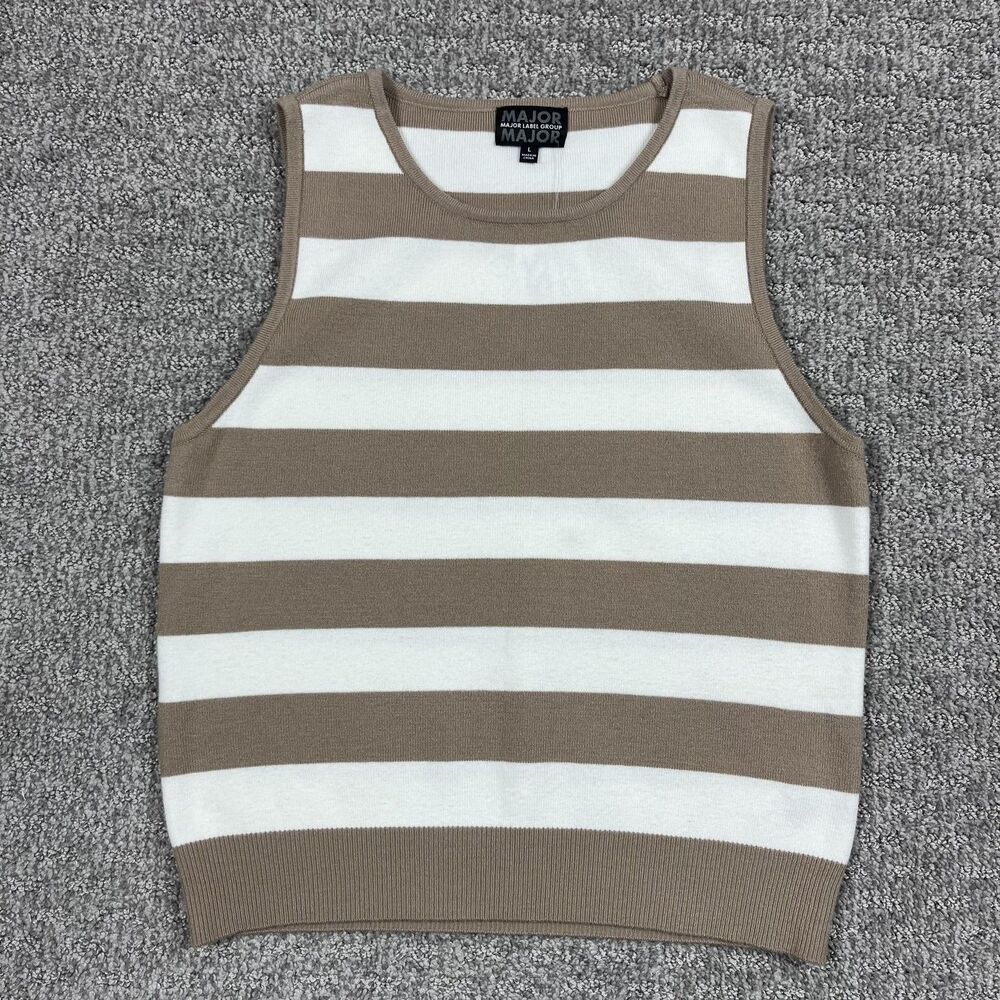 Major Major Sweater Vest Juniors Large Tan White Stripe Sleeveless Knit Preppy